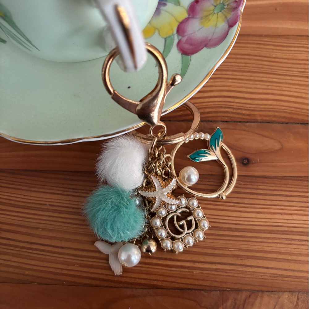 Charming Mermaid Gold and Pearl Keychain Bag Charm with Teal Accents